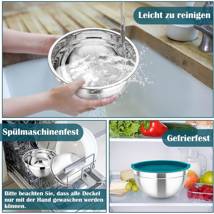 Набір салатниць TEAMFAR 6 шт. з нержавіючої сталі з кришками та силіконовим дном, 0,7L / 1,5L / 1,6L / 2,5L / 2,8L / 4,6L (блакитний)