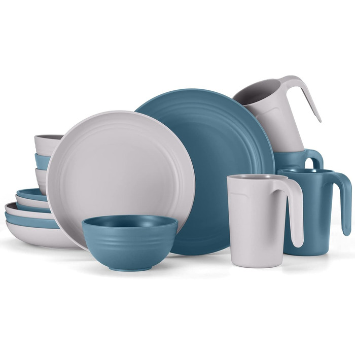 Набір посуду Odoland на 4 особи, 17 предметів: тарілки, миски, чашки (пластик, блакитний/сірий)