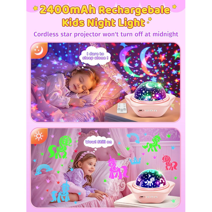 Проєктор зоряного неба One Fire Sternenhimmel для дітей: 96 режимів + 6 фільмів, нічник, обертання 360°, рожевий, з пультом ДУ, подарунок для дівчаток 1-9 років
