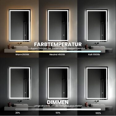 Дзеркало для ванної кімнати з підсвіткою 70x50 см | LED дзеркало | IP54 вологостійке | Сенсорне управління | Настінне дзеркало | Горизонтальна/Вертикальна установка