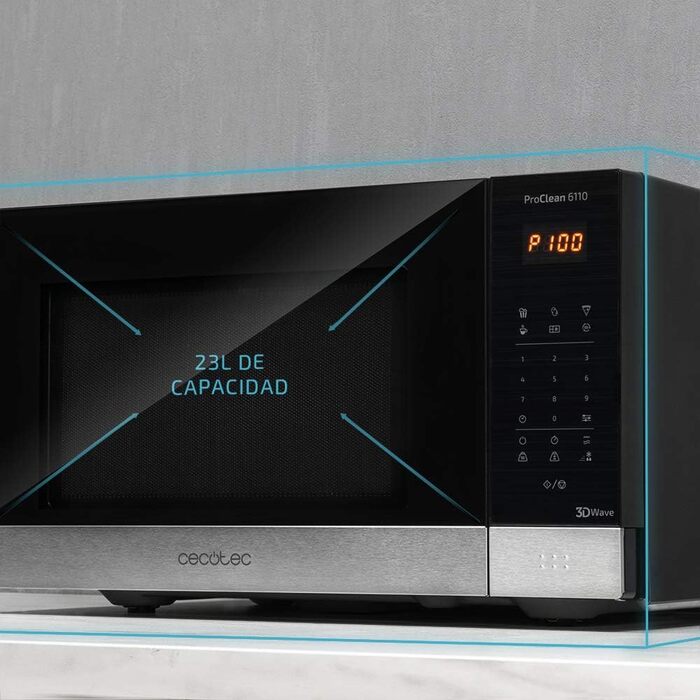 Мікрохвильова піч Cecotec Pro Clean 6110, 23 л, 800 Вт, гриль 1000 Вт, 8 програм, Ready 2 Clean, 3D Wave, чорна/срібляста нержавійка