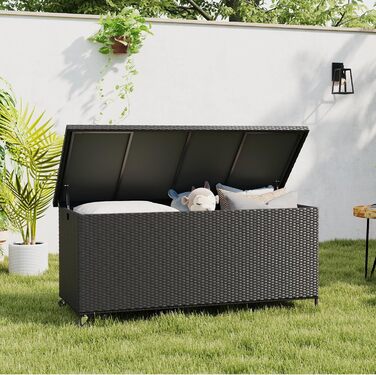 Водонепроникний садовий ящик Amopatio Gartenbox 480л з поліротангу, металевий ящик для подушок на колесах з газліфтом, чорний