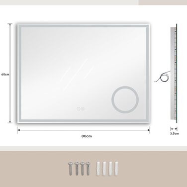 Дзеркало для ванної кімнати з LED-підсвічуванням Dripex, 50x70 см, сенсорне керування, антизапар, холодне біле світло 6400K, енергозберігаюче