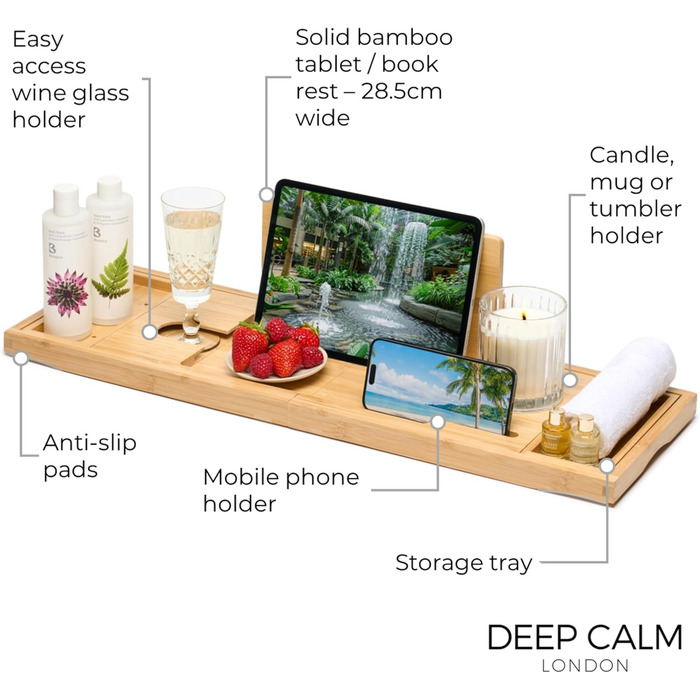 Підставка для ванни Deep Calm - регульована бамбукова підставка - антиковзаюча підставка для ванни. Підходить для більшості ванн. Місце для книги, iPad, телефону, склянки, свічки (натуральний бамбук)