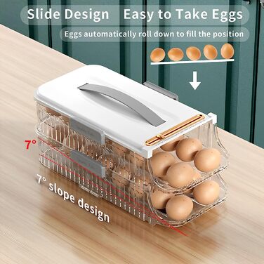 Контейнер для яєць utosday для холодильника, 2-поверховий холодильник-органайзер для яєць з ручкою, що складається прозорий холодильник для зберігання яєць, протиковзкий підлоговий ящик для зберігання яєць (білий) білий 2-поверховий холодильник для зберіг