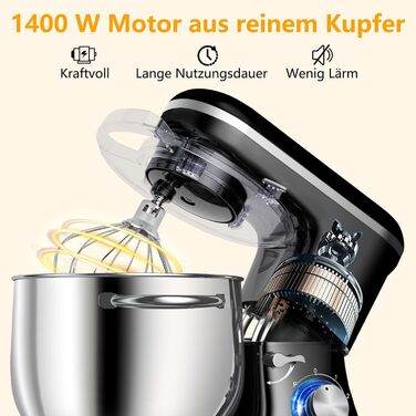 Кухонна машина AUMATE 1400W, 8 л, з міксером, гаком для тіста та вінчиком, 6 швидкостей, чорний колір