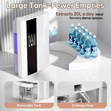 Електричний осушувач повітря 2200 мл з пульт дистанційного керування та LED дисплеєм, тихий (＜30dB), автовимкнення, таймер 24 год, режим сну для спальні, ванної кімнати, підвалу до 25㎡