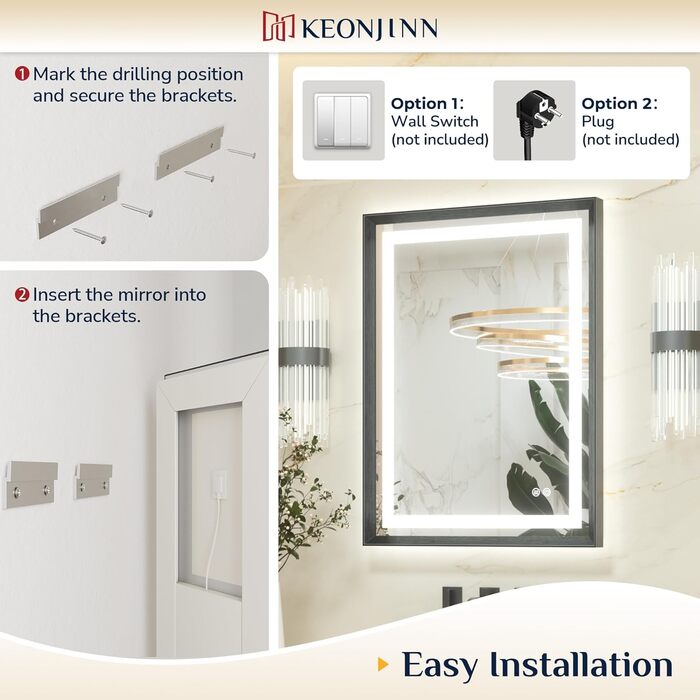 Дзеркало для ванної кімнати Keonjinn з підсвічуванням, металевий каркас 50x70 см, антизапар, LED, сенсорне керування, 3 кольори світла, диммування, пам'ять, настінне дзеркало (Чорний, 60 x 100 см)