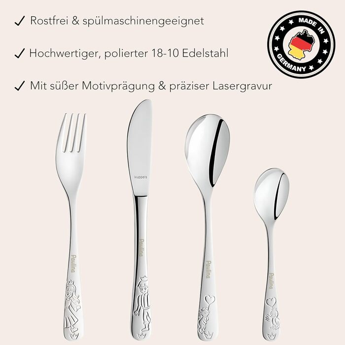 Дитячий набір столових приборів Kinderbesteck з гравіюванням, від 3 років, для дівчаток та хлопчиків, подарунок на хрещення/день народження, дитячий посуд у стилі ферми (принцеса)