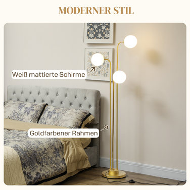 Стильна підлогова лампа HOMCOM з 3 абажурами, з вимикачем на підставці, для вітальні, спальні, 3 патрони E27, золотистий колір