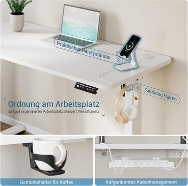 Регульований стіл 120x60 см з USB-C, електричний з пам'яттю, для офісу, стоячий, комп'ютерний, білий Pro