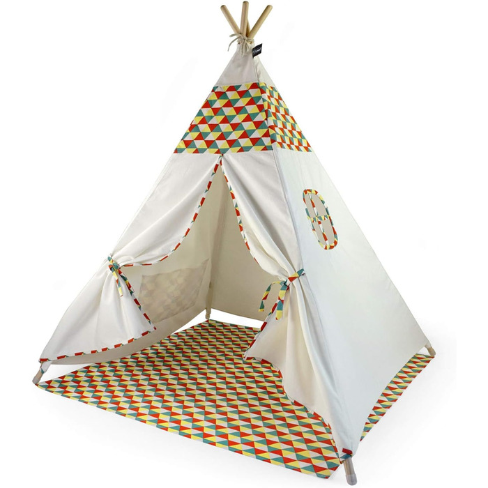 Hej Lønne Kinder Tipi, білий намет-типі з кольоровим візерунком, 120x120x150 см, з підлогою та вікнами, для гри в приміщенні та на вулиці, безпечний для дітей