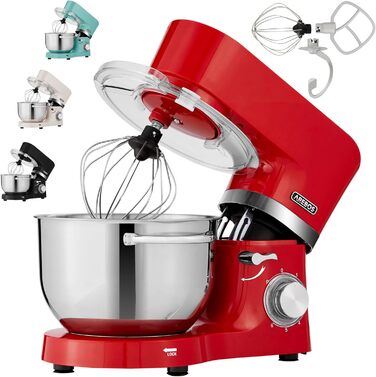 Кухонна машина Arebos 1500W з двома чашами з нержавіючої сталі (4.5L та 5.5L) | Кухонний міксер з набором насадок (крюк для тіста, вінчик, гак для збивання) та захистом від бризок | 6 швидкостей