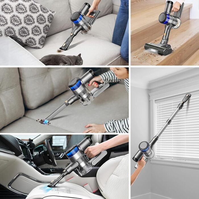 Акумуляторний пилосос Dzaki 45KPa бездротовий без мішка з дисплеєм, антинамотувальна щітка, 55 хв роботи, знімна батарея, для твердих поверхонь, шерсті тварин, килимів, авто (Золотистий сірий)