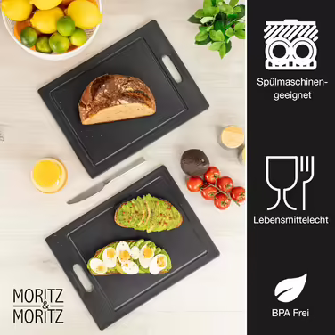 Набір обробних дощок Moritz & Moritz 2 шт. 36x27,5 см, пластик, без BPA, гранітний дизайн, з антиковзними ніжками та отвором для захвату, з канавкою для соку, чорні, великі для кухні