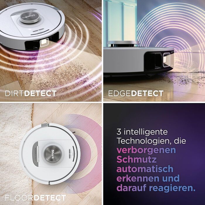 Робот-пилосос Shark PowerDetect з автопорожненням, самоочищення, до 60 днів роботи, для шерсті тварин, килимів та твердих підлог, з 3D та LiDAR навігацією, 14,5 см, білий