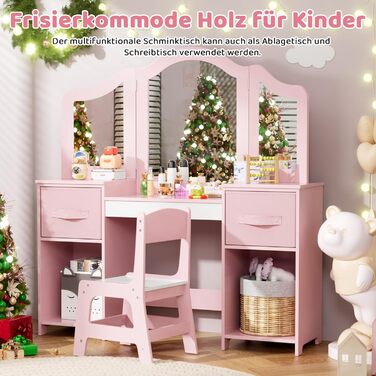 Дитячий туалетний столик MAMIZO 2 в 1 з дзеркалом та пуфом, рожево-білий (108x30x114 см)