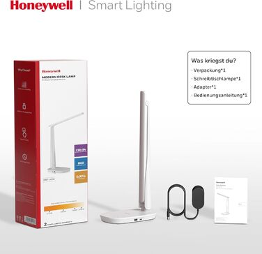 Світлодіодна настільна лампа Honeywell Sunturalux H2, з можливістю затемнення, USB, сенсорний, 4 кольори, захист очей, білий