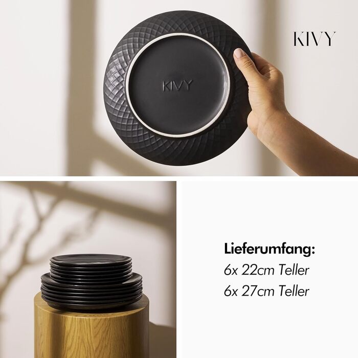 Набір посуду KIVY 6 персон, 12 предметів, сейф для скретч і посудомийної машини, чорний, тарілка 6x27см 6x22см