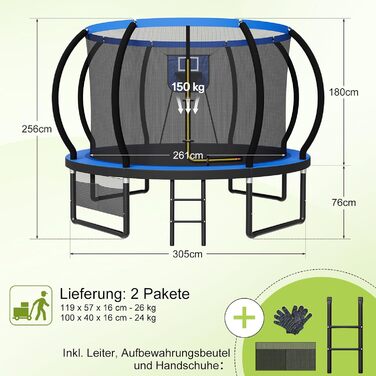 Батут Devoko вуличний з сіткою та кільцем для баскетболу, до 150 кг, Ø 305 см - для дітей та дорослих, блакитний