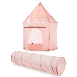 Дитяче намету для ігор | Ігровий намет-типі для дівчаток та хлопчиків, 140 x 120 см, бавовняна канва з зірками, килимок в комплекті (рожевий намет з тунелем)