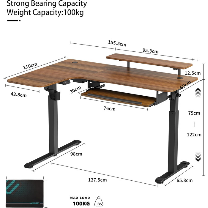 Регульований по висоті кутовий стіл 155x110 см, електричний, LED, Лоток для клавіатури, Горіх коричневий