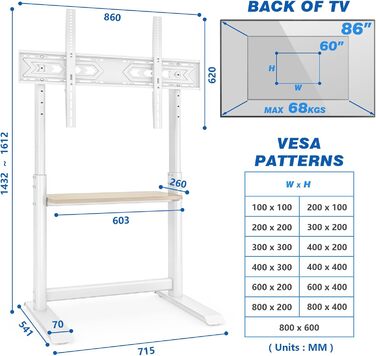 Підставка для телевізора TVON: для плоских та вигнутих екранів 60-86 дюймів, регульована висота, до 68 кг, VESA 800x600 мм, білий