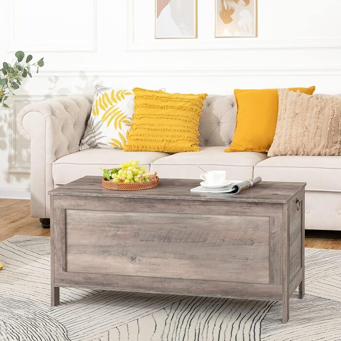 HOOBRO Скам'янка з ящиком, скриня для іграшок з кришкою, банкетка для взуття, скам'янка, ящик для зберігання, міцна, безпечні петлі, спальня, вітальня, 76 см, білий, 100 x 40 x 48 см, сірий