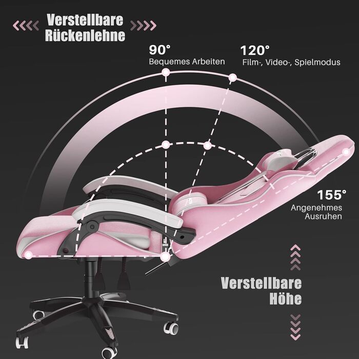 Ігровий крісло Bigzzia Ergonomiczne - ігровий сідло з подушкою для попереку та підголівником, 90-135° спинка, ігровий стілець для ПК, геймерський стілець для дорослих, дівчаток та хлопців, рожево-білий