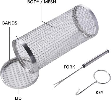 Кошик для гриля з нержавіючої сталі 30 см Циліндричний кошик для гриля Кошик для гриля з вилкою Підставка для гриля Аксесуари для приготування їжі Для гриля на відкритому повітрі Овочевий гриль Рибний гриль Тримач для гриля Барбекю Аксесуари для барбекю (