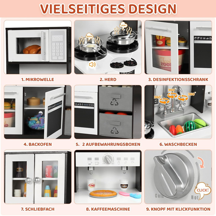 Дерев'яна дитяча кухня Mamizo з підсвіткою та звуком, іграшкова кухня для дітей, 90x30x90 см, з аксесуарами та 2 ящиками для зберігання, іграшка для дітей від 3 років (колір: коричневий)