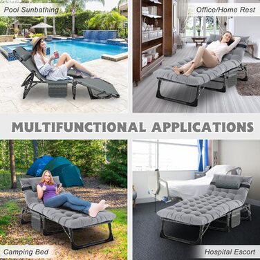 Сонячне ліжко MOPHOTO, складане для саду з матрацом, регульована спинка та підніжка, портативне, для дому та вулиці, складна (зелене дитяче ліжко, сірий килимок)