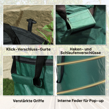 Outsunny Garden Bag 4x86L водонепроникний мішок для садових відходів з ручками на блискавці, стабільний мішок для листя, автономні садові мішки, багаторазові мішки для садових відходів Зелені відходи
