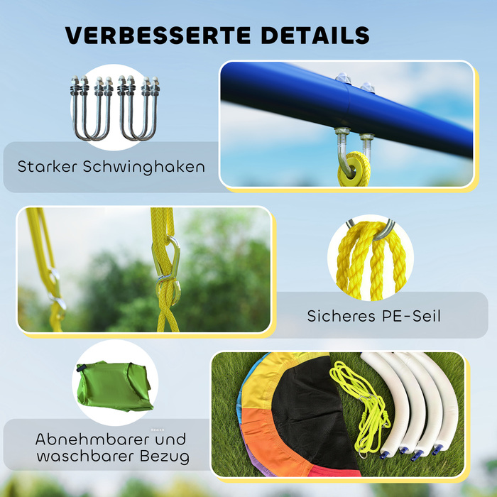 Комплект гойдалок 4-в-1 для дітей до 150 кг з сітчастою гойдалкою, баскетбольним кільцем, футбольними воротами та гойдалкою-качелюшкою. Розміри: 288 x 160 x 220 см.