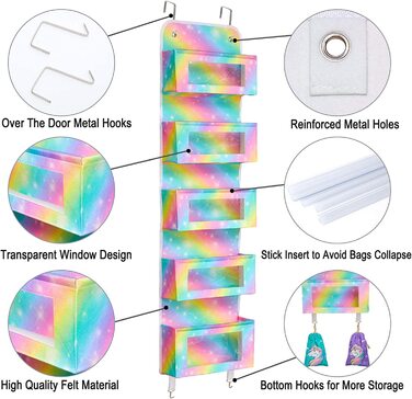 Дверний органайзер Beinou з 5 великими кишенями, 122,9 x 32 см, дверна вішалка з прозорим вікном для комори, дитячої кімнати, ванної кімнати, шафи, (Веселка)