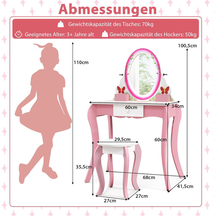 В 1 Дитячий туалетний столик і табурет з обертовим дзеркалом і дошкою, 4 маркери, рожевий, 2