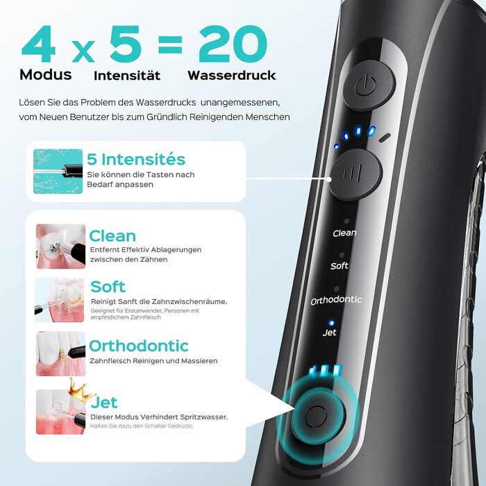 COSLUS Електрична душова лійка: 20 бар, IPX7, водонепроникна, 4 режими для догляду за порожниною рота, 5 інтенсивностей, чорна