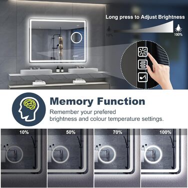 Дзеркало для ванної кімнати S'bagno Bluetooth з підсвічуванням 100x70 см, LED, антизапар, диммер, Bluetooth, HD скло, IP44, горизонтальне/вертикальне