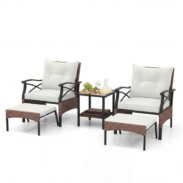 Садовий набір меблів COSTWAY з ротангу, 5 предметів: 2 крісла з подушками, пуф та стіл для балкона, тераси, саду (коричневий + бежевий)