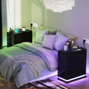 Вузька тумба приліжкова Lvhecforhm з LED-підсвіткою, чорна, з розеткою та USB, 16 режимів підсвітки, глянцева, 50x30x63 см