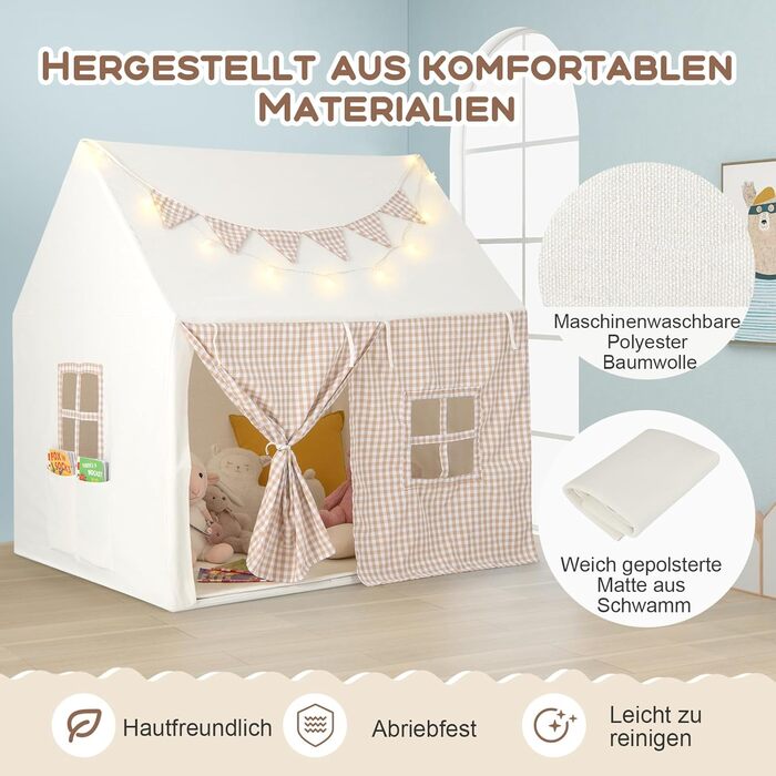 Дитяче намет-будиночок COSTWAY з килимком та світлом, з прапором та вікнами, для хлопчиків та дівчаток від 3 років (Бежевий)