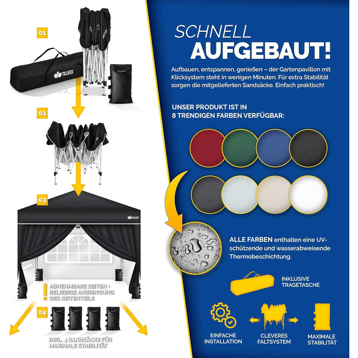 Павільйон Tillvex водовідштовхувальний з 4-ма мішками з піском | Pop-Up павільйон, стабільний та регульований по висоті | Садовий намет з UV захистом 50+ | Павільйон для вечірок з сумкою для саду (антрацит) (3x3м з 4 боковинами, 3 x 3 м, чорний, з 4 стінк