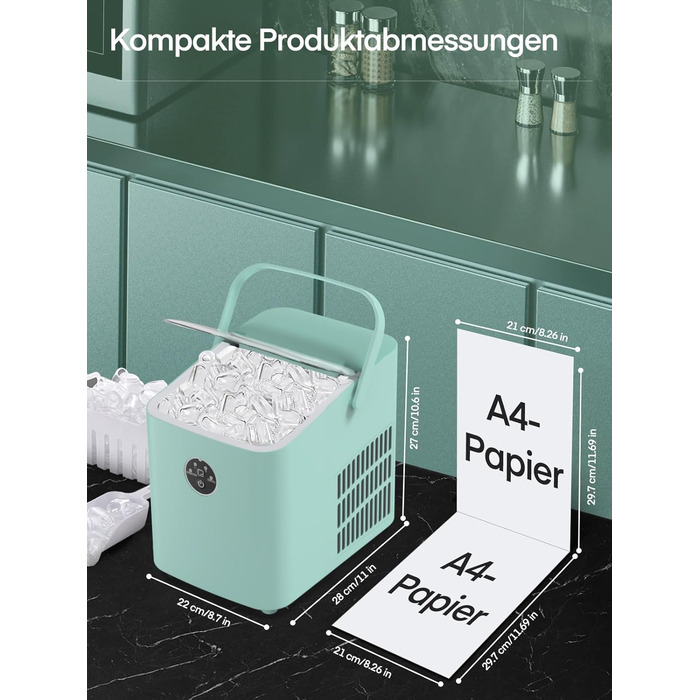 Льодогенератор FOHERE 14 кг/добу, швидке виробництво льоду (5 хв), 2 розміри кулеподібного льоду, самоочищення, м'ятний колір