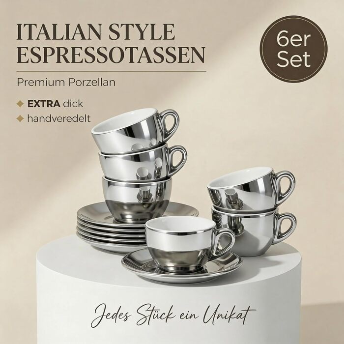 Набір кавових чашок Капучіно 6 шт. з підставками, білі, італійський стиль, 60 мл