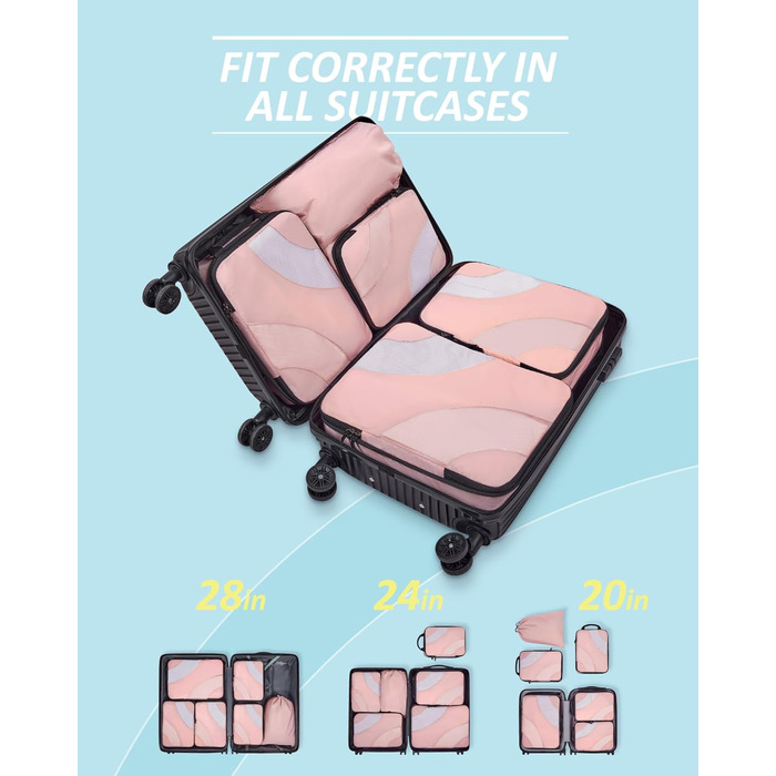 Набір компресійних органайзерів для подорожей BAGSMART, 6 шт, органайзери для одягу в валізу та ручну поклажу, рожевий