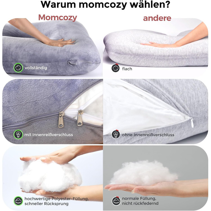 Вагітний подушка Momcozy з кристального велюру - U-подібна подушка для вагітних, повного тіла, для тих, хто спить на боці (145 см) - знімає напругу з спини та стегон, сірий колір, U-подібна форма