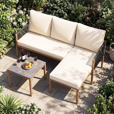 Садовий набір меблів з ротангу COSTWAY: Лаунж-комплект з столом та подушками для саду, балкону, тераси (Бежевий)