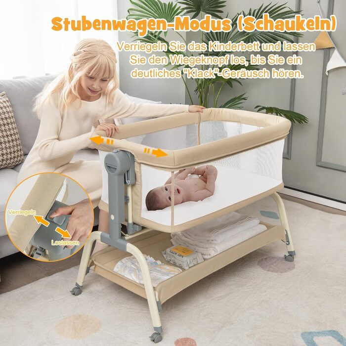 Дитяче ліжко COSTWAY 4-в-1 з москітною сіткою, бебі-ліжко, колиска, візок та туристичне ліжко з матрацом, 6 рівнів регулювання, сумка для перенесення, дитяче ліжко-гойдалка, розкладне, для малюків до 6 місяців (Бежевий)