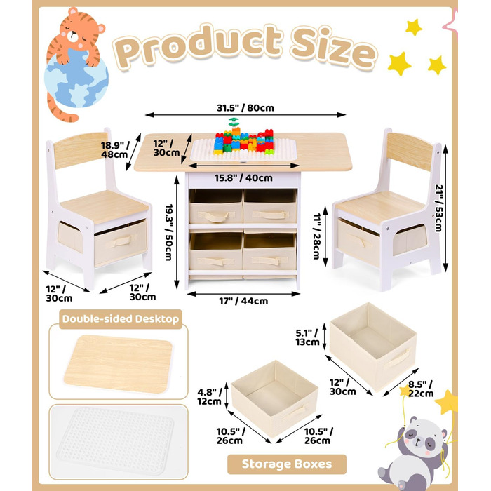 Дитячий стіл зі стільцями, ігровий стіл для дітей з місцем для зберігання, набір меблів для дитячої кімнати (натуральний колір)