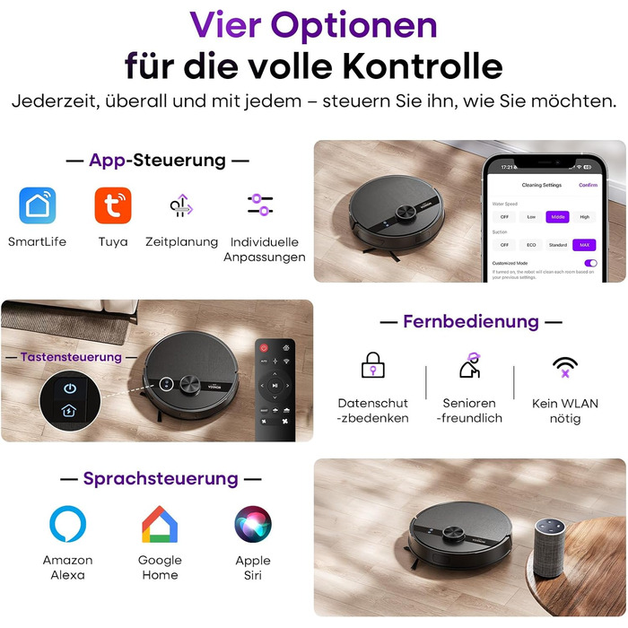 Робот-пилосос MONSGA з функцією миття, 5000Pa, час роботи 180 хв, система захисту від ковтунів, LiDAR навігація, для килимів та шерсті тварин, керування через додаток та пульт (чорний)